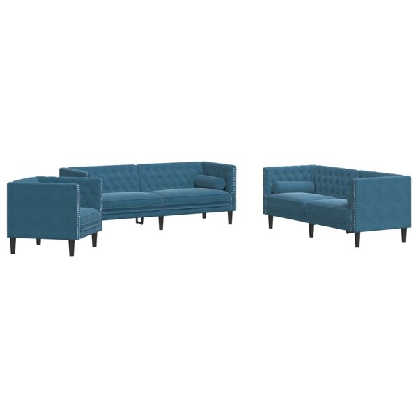vidaXL Ensemble de canapé Chesterfield et traversins 3Pièces bleu velours