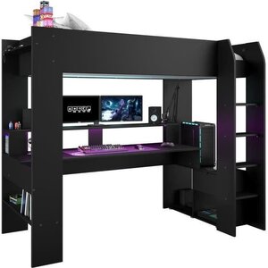 Lit mezzanine combiné enfant LED Gamer ONLINE - 90 x 200 cm - Noir mat - Sommier inclus