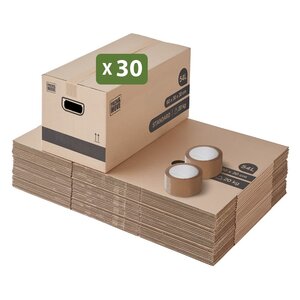 Pack and Move - Lot 30 cartons déménagement stockage standard - 60 x 30 x 30 cm - Poignées renforcées - 2 adhésifs offerts