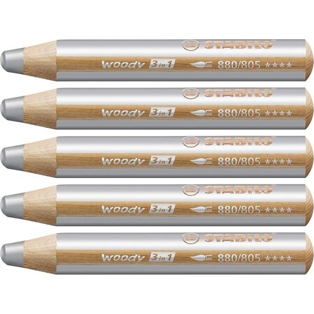 Crayon WOODY 3 en 1 Extra large Argent x 5 STABILO