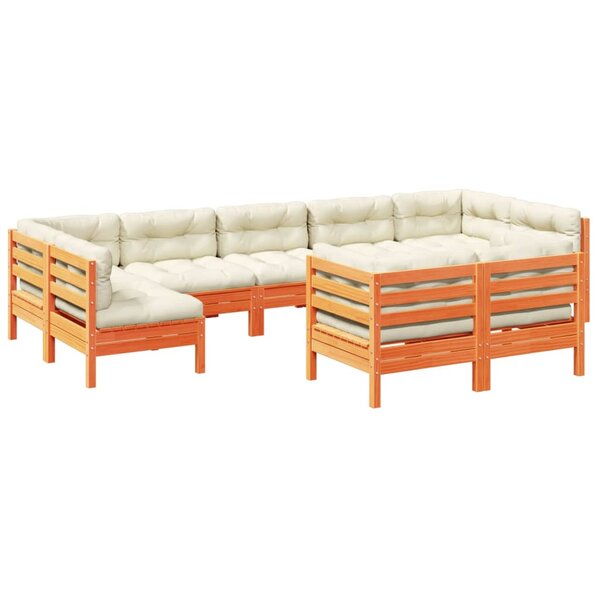vidaXL Salon de jardin 9 Pièces avec coussins marron cire bois pin massif