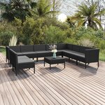 vidaXL Salon de jardin 11 Pièces avec coussins Résine tressée Noir