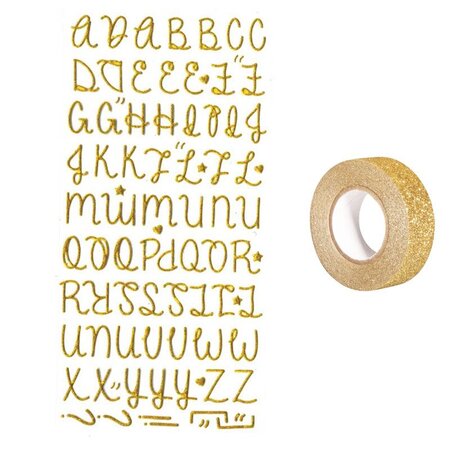 Stickers alphabet doré à paillettes + masking tape doré à paillettes 5 m