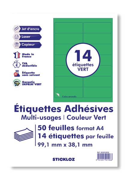 50 planches a4 - 14 étiquettes 99,1 mm x 38,1 mm autocollantes vert par planche pour tous types imprimantes - jet d'encre/laser/photocopieuse