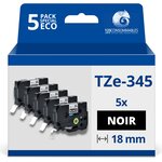 Pack de 5 Rubans compatible avec Brother TZe345 - Texte blanc sur fond noir - Largeur 18 mm x 8 mètres