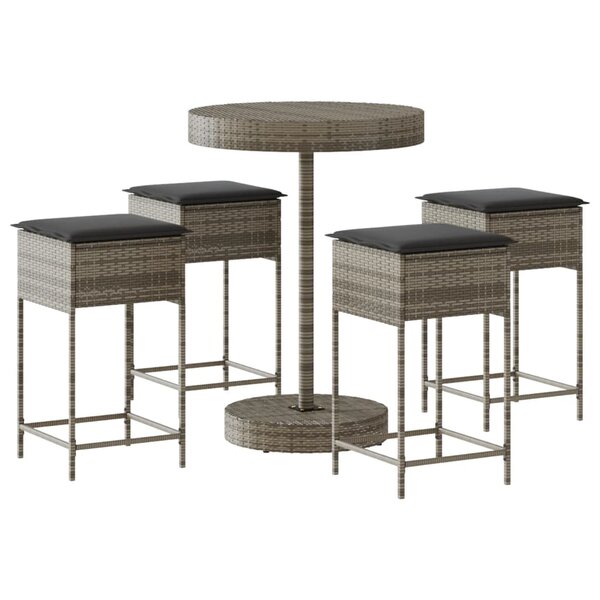 vidaXL Ensemble de bar de jardin 5 Pièces avec coussins gris poly rotin