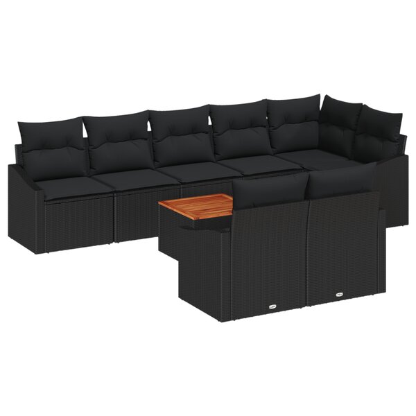 vidaXL Set de jardin 9 pièces avec coussins en rotin noir et acacia.
