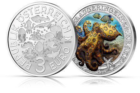 Pièce de monnaie 3 euro Autriche 2022 – Pieuvre à anneaux bleus