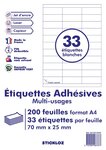 200 planches a4 - 33 étiquettes 70 mm x 25 mm autocollantes blanche par planche pour tous types imprimantes - jet d'encre/laser/photocopieuse