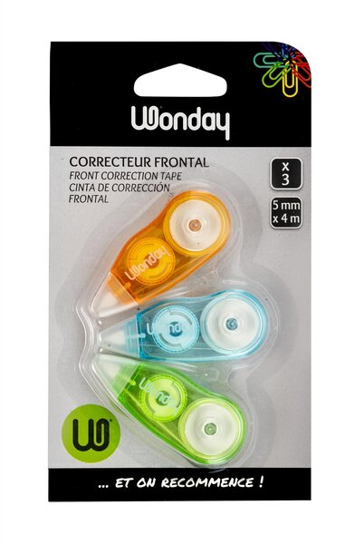 Blister de 3 Mini Ruban de Correction frontaux 5 mm x 4 m WONDAY