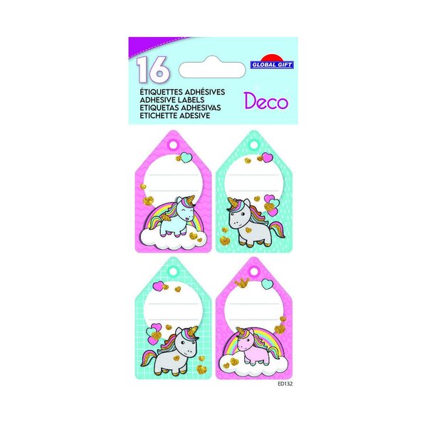 16 étiquettes adhésives scolaires - Rectangle - Licorne - Paillettes