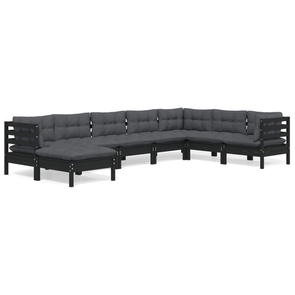 vidaXL Salon de jardin 8 Pièces avec coussins Noir Bois de pin massif