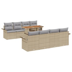 vidaXL Ensemble de Canapés de Jardin 9 Pièces avec Coussins Beige Rattan Acacia
