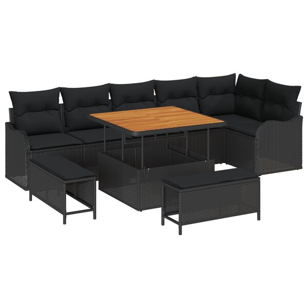 vidaXL Set de jardin 9 pièces avec des coussins en poly rattan noir et du bois d'acacia.
