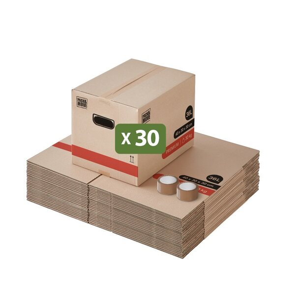 Pack and Move - Lot 30 Cartons Déménagement Livres Premium - 40 X 30 X 30 Cm - Extrême Résistance 30 KG - Poignées Renforcées - 2 Adhésifs Offerts