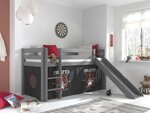 Lit Enfant Surélevé Avec Toboggan Pino 90x200cm Gris + Rideau de lit Pirates