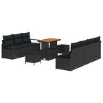 Ensemble de Canapé Jardin 10 Pièces avec Coussins Noir Poly Rattan Acacia