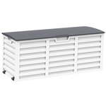 Coffre de jardin malle de rangement dim. 112L x 49l x 53H cm 2 roulettes polypropylène texturé imitation lattes de bois blanc gris