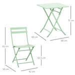 Salon de jardin bistro pliable - table carrée dim. 60L x 60l x 71H cm avec 2 chaises - métal thermolaqué vert d'eau