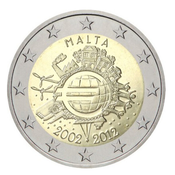 2 euros commémorative Malte 2012 - 10 ans de l'Euro.