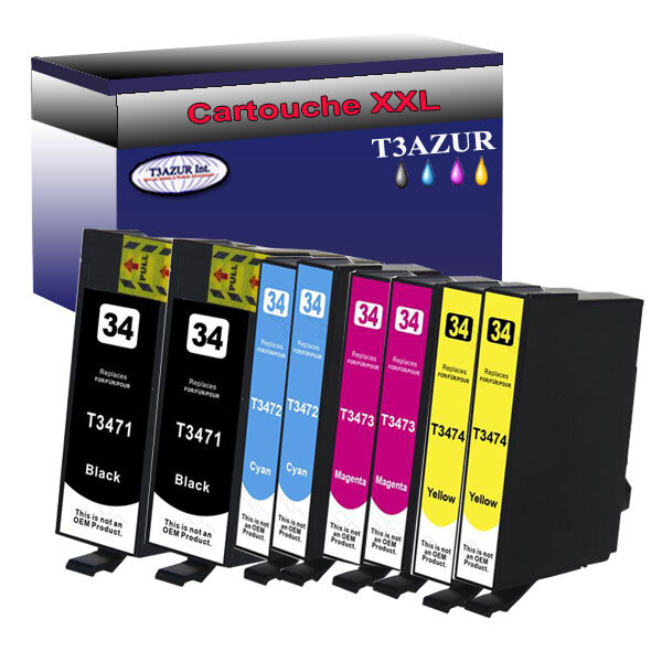 8  Cartouches Compatibles pour Epson WorkForce Pro WF3720DW, WF3720DWF, WF3725DWF remplace Epson T34XL (34XL) - T3AZUR