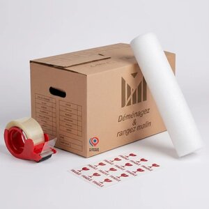 Kit déménagement T3 complet – 40 cartons + 2 rouleaux de mousse + 2 adhésifs avec distributeur et étiquettes Fragile