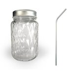 Bocal Mason Jar avec couvercle 37 5 cl diamant + 4 pailles en inox