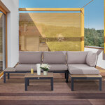 Ensemble salon de jardin d'angle design contemporain 5 places coussins marron table basse alu. noir et imitation bois