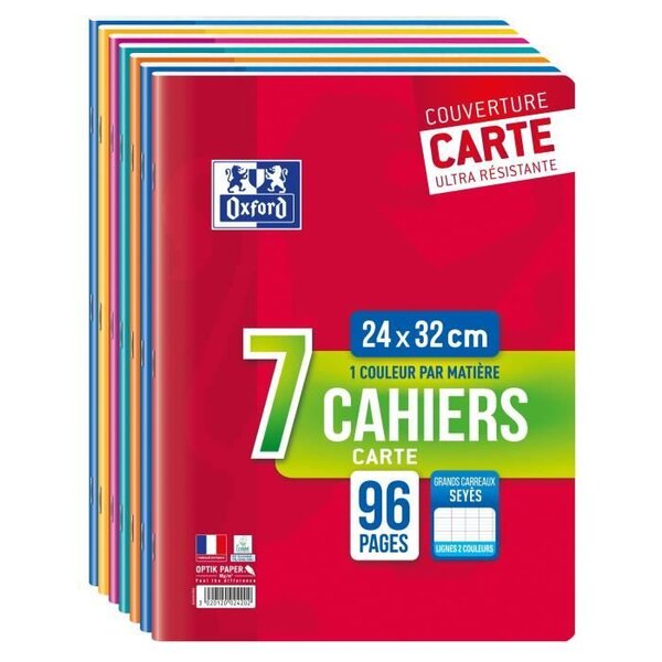 OXFORD - Lot de 7 cahiers agrafés - 96 pages - Grands carreaux Seyes - 24 x 32 cm - 90g