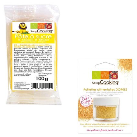 Pâte à sucre jaune 100 g + paillettes dorées