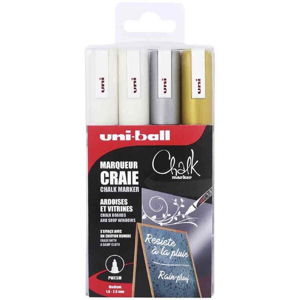 Etui 4 marqueurs craie pointe conique moyenne PWE5M/4 ASSF46 2 Blancs - Argent - Or UNI-BALL