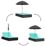 vidaXL Chaise longue double et coussins et parasol noir résine tressée
