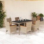 vidaXL Ensemble à manger de jardin et coussins 7 Pièces beige rotin verre