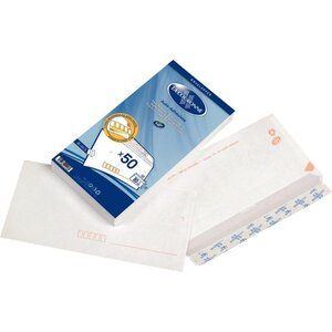 Paquet de 50 enveloppes blanches précasées DL 110 x 220 mm 80 g avec bande adhésive