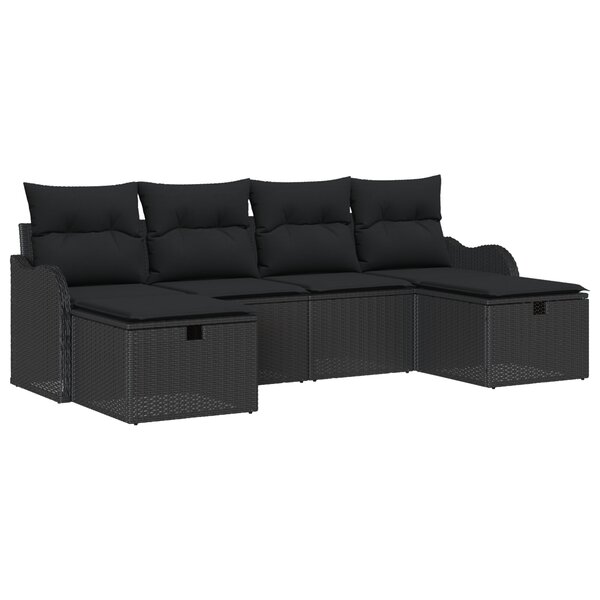 Canapé de jardin 6 pièces avec coussins en rotin poly noir