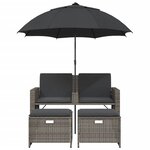 vidaXL Canapé de jardin 2 places avec parasol et tabourets gris rotin