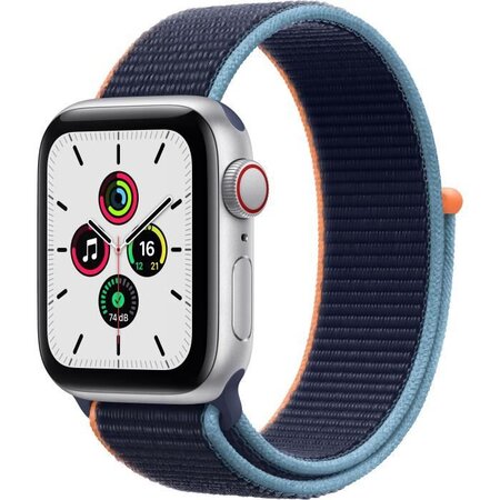 Apple Watch SE GPS + Cellular, 40mm Boîtier en Aluminium Argent avec Bracelet Sport Bleu Intense
