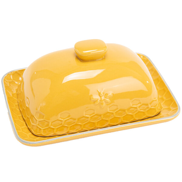 Beurrier en grès motif abeilles - jaune