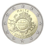 2 euros commémorative Malte 2012 UNC - 10 ans de l'Euro.