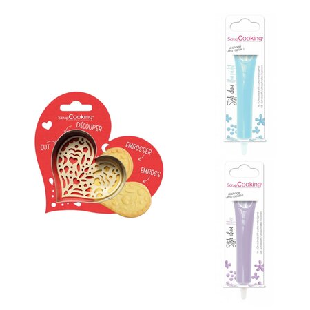 Kit pour biscuit en relief Coeur + 2 Stylos au chocolat bleu pastel et lilas