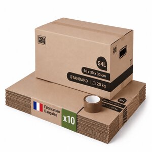 Pack and Move - Lot 10 cartons déménagement stockage standard - 60 x 30 x 30 cm - Poignées renforcées - 1 adhésif offert