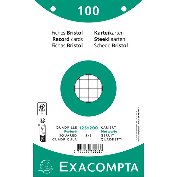 Paquet 100 Fiches Sous Film - Bristol Quadrillé 5x5 Perforé 125x200mm - Blanc - X 12 - Exacompta