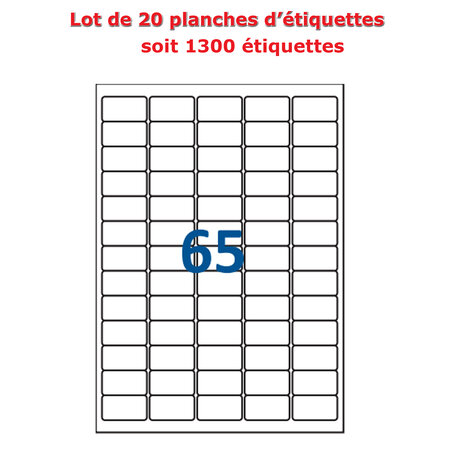 Lot de 20 Planches étiquettes autocollantes blanches sur feuille A4 : 21 2 x 38 1 mm (65 étiquettes)