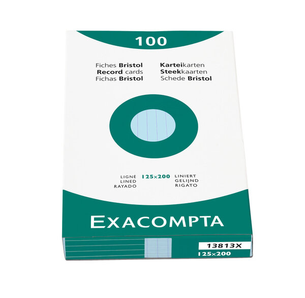 Étui de 100 fiches bristol ligné non perforé 125x200mm Bleu EXACOMPTA