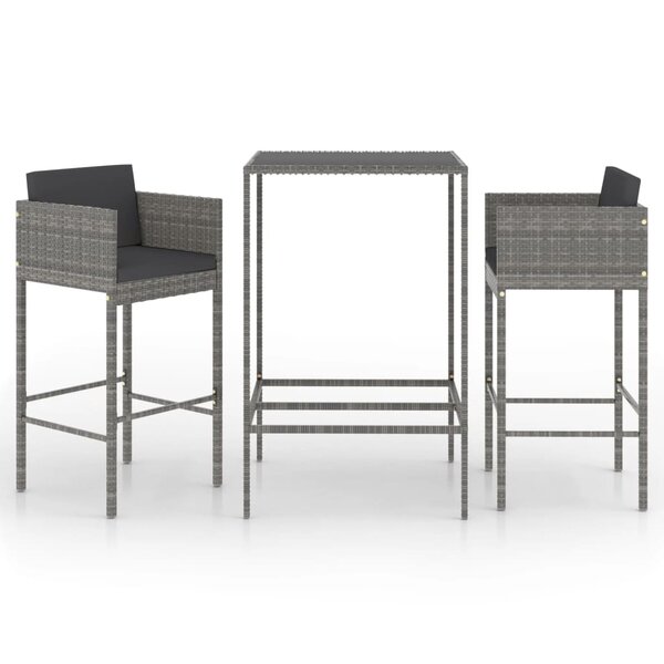 vidaXL Ensemble de bar de jardin 3 Pièces et coussins Résine tressée Gris