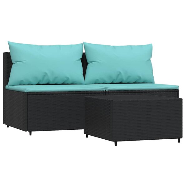 vidaXL Salon de jardin 3 Pièces avec coussins Noir Résine tressée