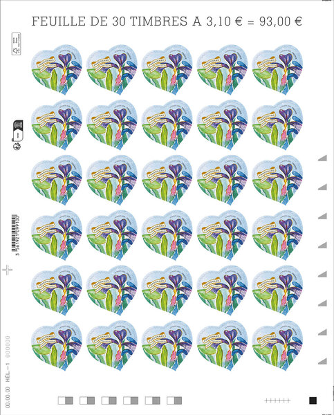Feuille de 30 timbres coeur - Fragonard - Lettre verte - 100g