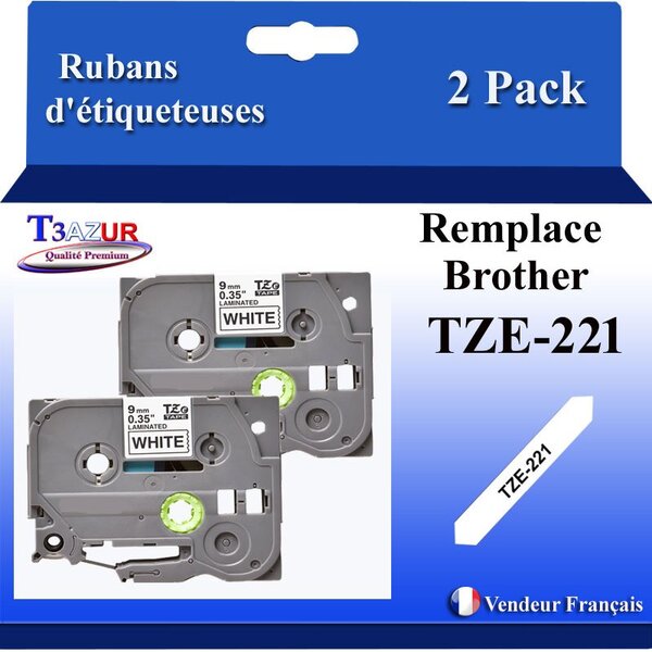 2x Rubans d'étiqueteuses compatibles avec Brother Tze221  Tze-221 pour étiqueteuses P-touch - Texte noir sur fond blanc - Largeur 9 mm x 8 mètres - T3AZUR