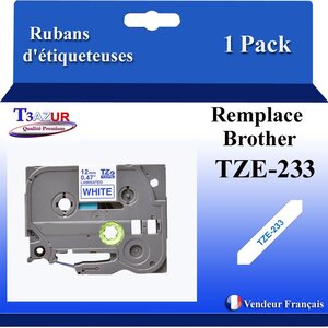 Ruban d'étiqueteuse compatible avec Brother Tze233 Tze-233 pour étiqueteuses P-touch - Texte bleu sur fond blanc - Largeur 12 mm x 8 mètres - T3AZUR