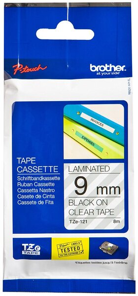 Cassette à ruban tze-121 9 mm x 8 m noir sur transparent brother